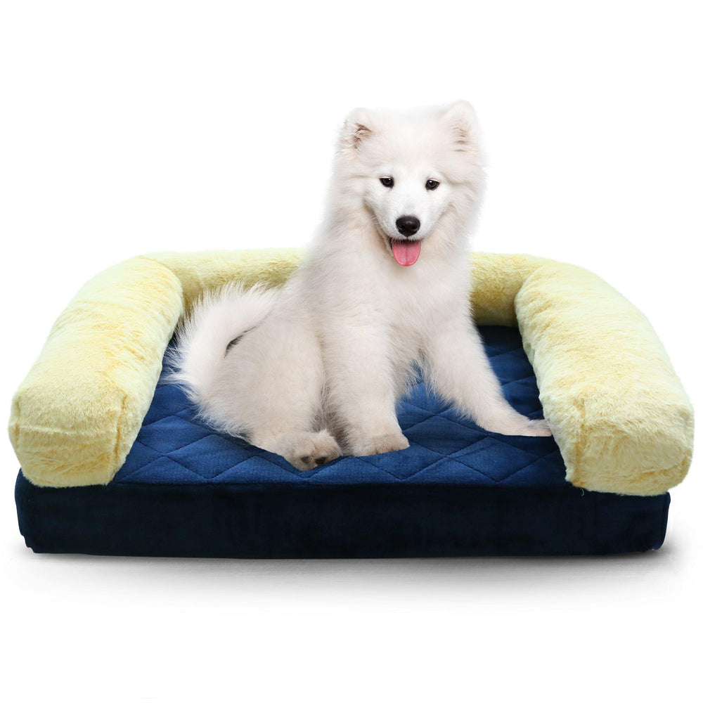 Pet Bed Memory Foam Luxurious Velvet, Faux Fur - Blue Gold - Luxe Pets Products